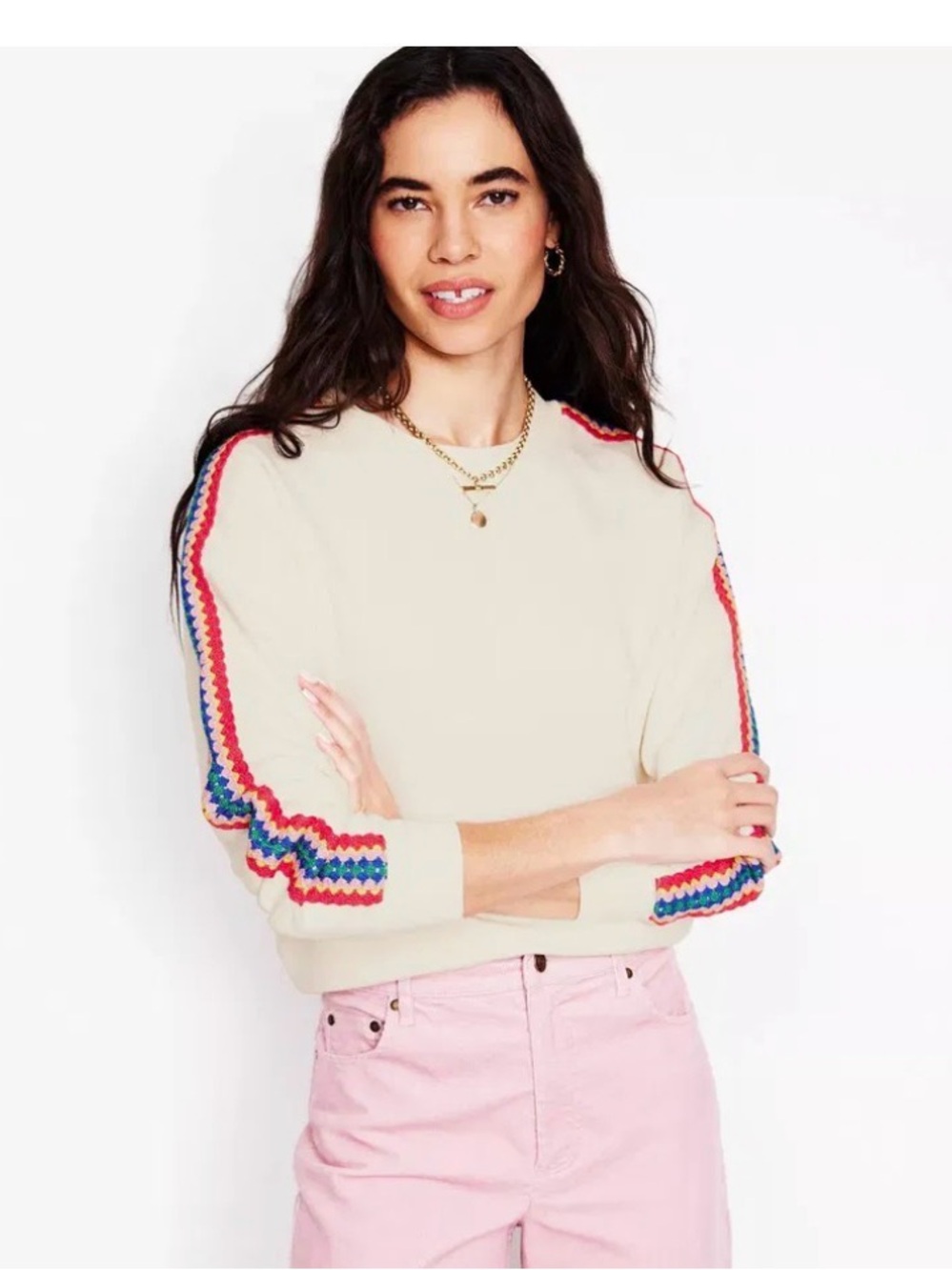 Boden Emi Cream Crochet Crewneck Sweatshirt with Rainbow Stripes